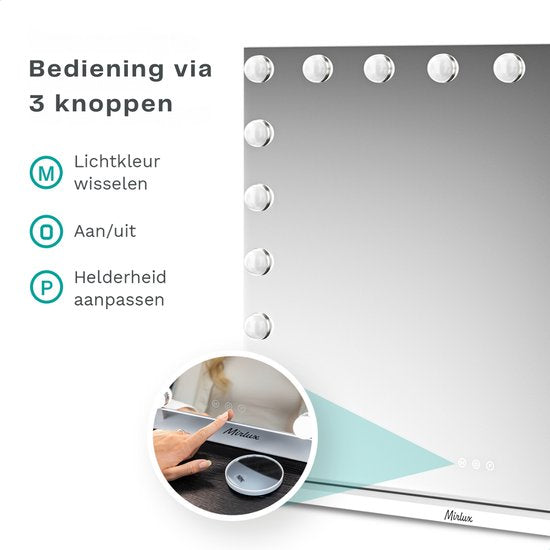 Mirlux Grote Hollywood Spiegel 80x60CM - 2 Bluetooth Speakers - USB & USB-C Oplaadporten - LED Verlichting - Make Up Spiegel - 10x Zoom - Ophangbaar - Wit