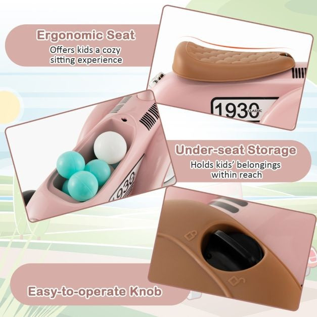 Retro Kinderspeelauto Functioneel Stuur Opbergruimte Onder de Stoel Grote EVA Wielen Loopauto op Vloerhoogte met Leuke Stickers Roze