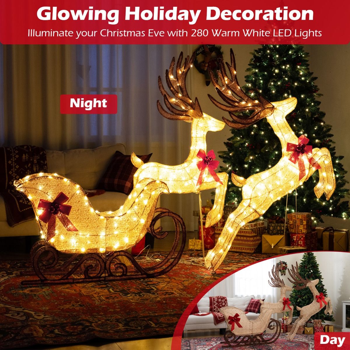 Coast 3-delige LED rendier en slee set - 280 warmwitte lampjes - meerkleurig