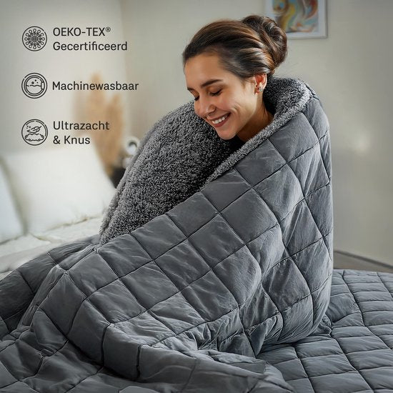 CozySense® Verzwaringsdeken 9 kg - Weighted Blanket - Zwaartedeken - GLASS-Flow® Drukverdeling - 135x200 - Flanelfluweel & Sherpa - Hypoallergeen - Grijs