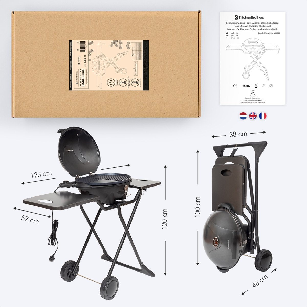 KitchenBrothers Elektrische BBQ - met Wielen - Opvouwbaar - Anti-aanbaklaag - 46,5 x 33,8cm - tot 250°C - 2400W - Zwart