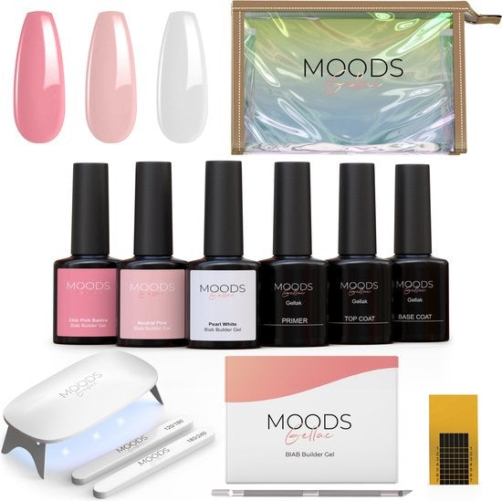 Moods Gellac BIAB Starter Pakket – Milky Pink - Builder in a Bottle – BIAB Nagellak – Inclusief UV/LED Lamp, Bokkepoot, Nagelvijl, Primer, Base en Top Coat
