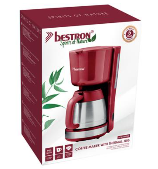 Bestron ACM100SPNR Koffiezetter – 8 Kopjes – 1 L – 900 W – Rood – 33,7 × 27 × 16,5 cm