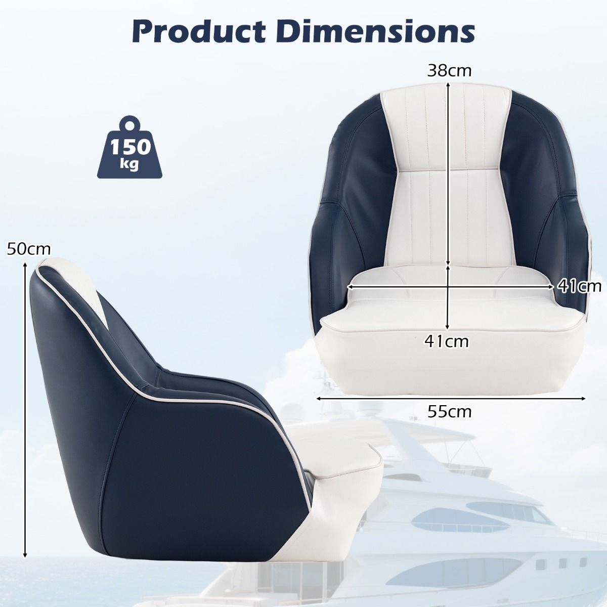 Coast Kapiteinsstoel voor boot - dikke schuimvulling - waterdicht PVC-leer - blauw en wit