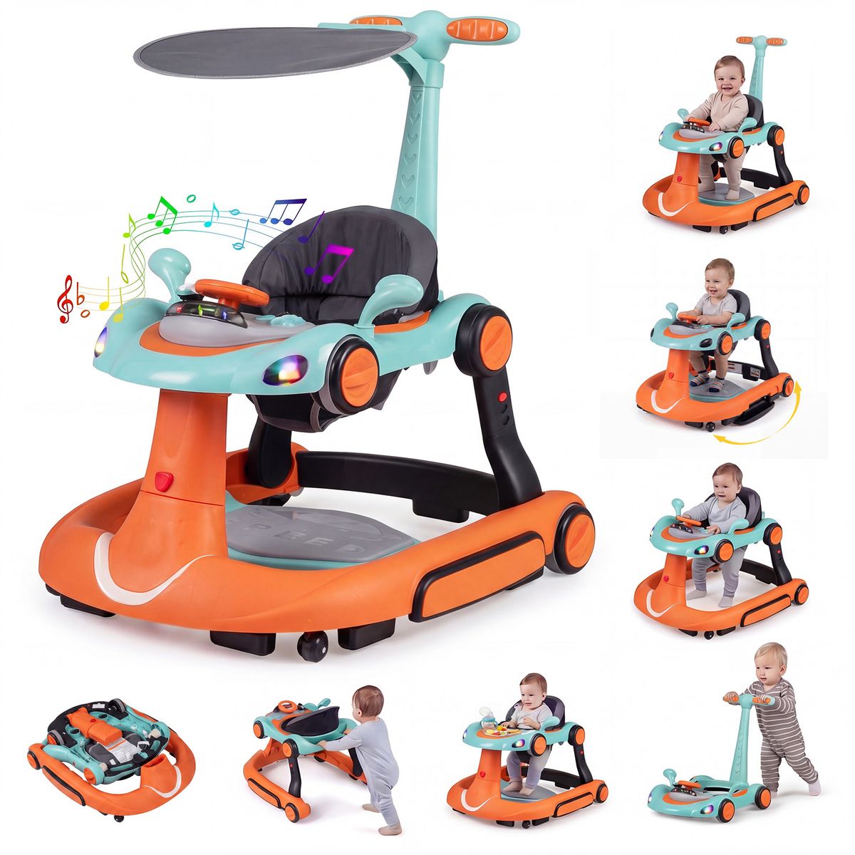 Coast 7-in-1 Loopstoeltje - verstelbare hoogte en snelheid - met muziek en licht - oranje