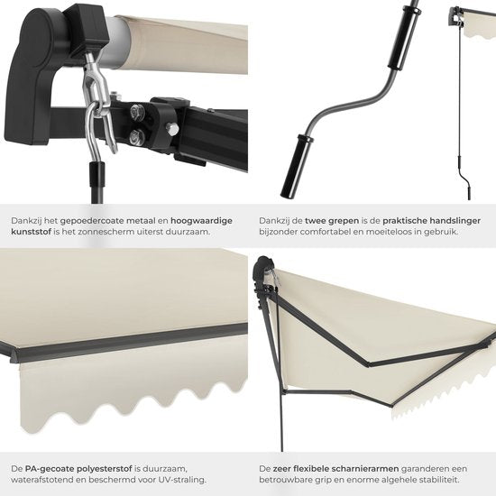 tectake® Zonnescherm met Knikarm - 300 x 250 cm - Zonneluifel - Zonwering voor Raam, Balkon, Buiten - Te Monteren aan Muur - Water- en UV-Bestendig - Beige