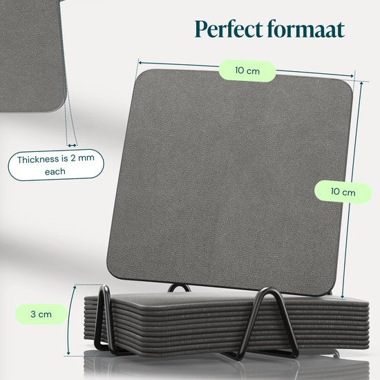 Castagnola Kunstlederen Onderzetters – Onderzetters voor Glazen – Design Onderzetters met Houder – Leren Onderzettersset met metalen houder – Leder – Set van 10 - Grijs - 10x10cm