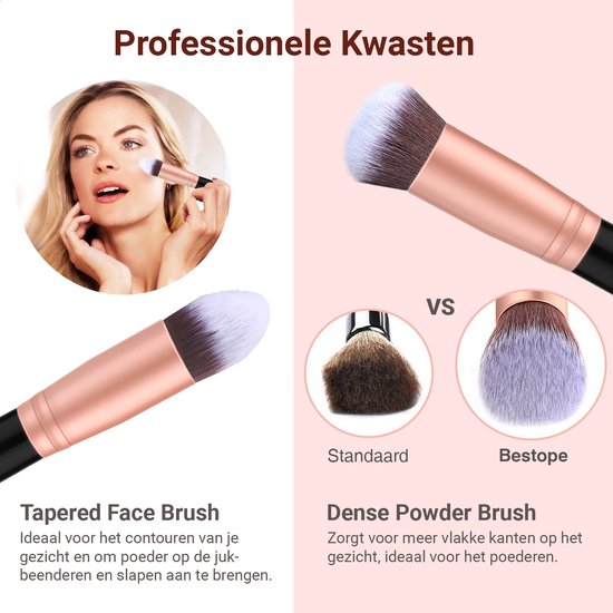 Bestope Make up Kwasten set met Beauty blenders 16 delig - Brush set - Kwasten reiniger - Borstels - Rosé Goud