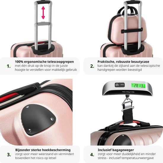 tectake® - 4-delige reiskofferset inclusief koffertrolley en bagageweger, 360° wielen, harde koffer met cijferslot, grote koffer, stapelbaar, trolley handbagage - rosegold
