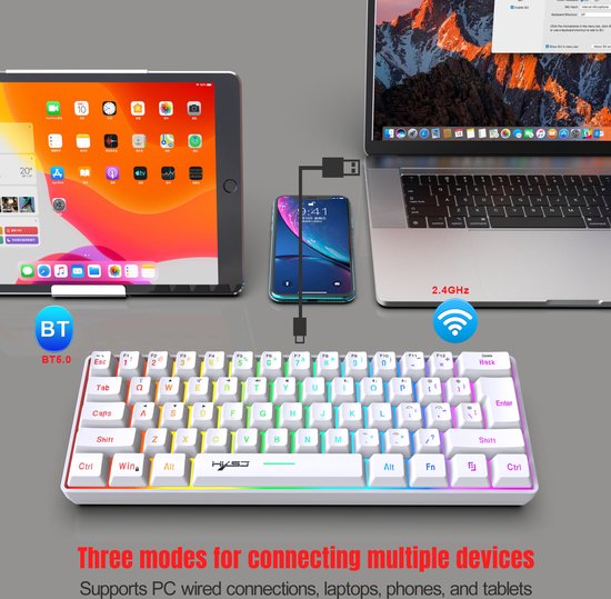 HXSJ L500 - Draadloze Gaming Toetsenbord - RGB - Tri mode - Qwerty Toetsenborden - Wit