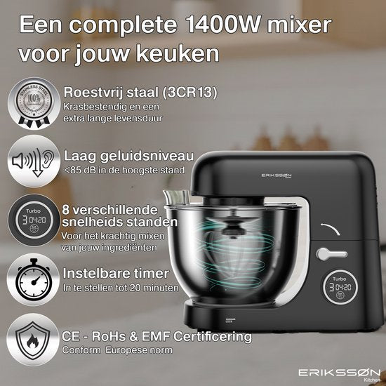 Erikssøn Kitchen Keukenmachine - 8 Snelheidsstanden Met Timer - 5L Mixer met Mengkom - 1400W - Zwart