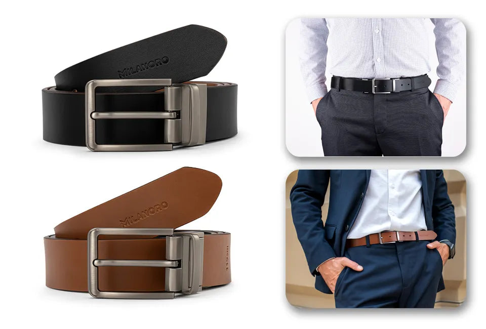 Milanoro Leren Riem 95 (110) cm - Omkeerbaar - Zwart/Cognac