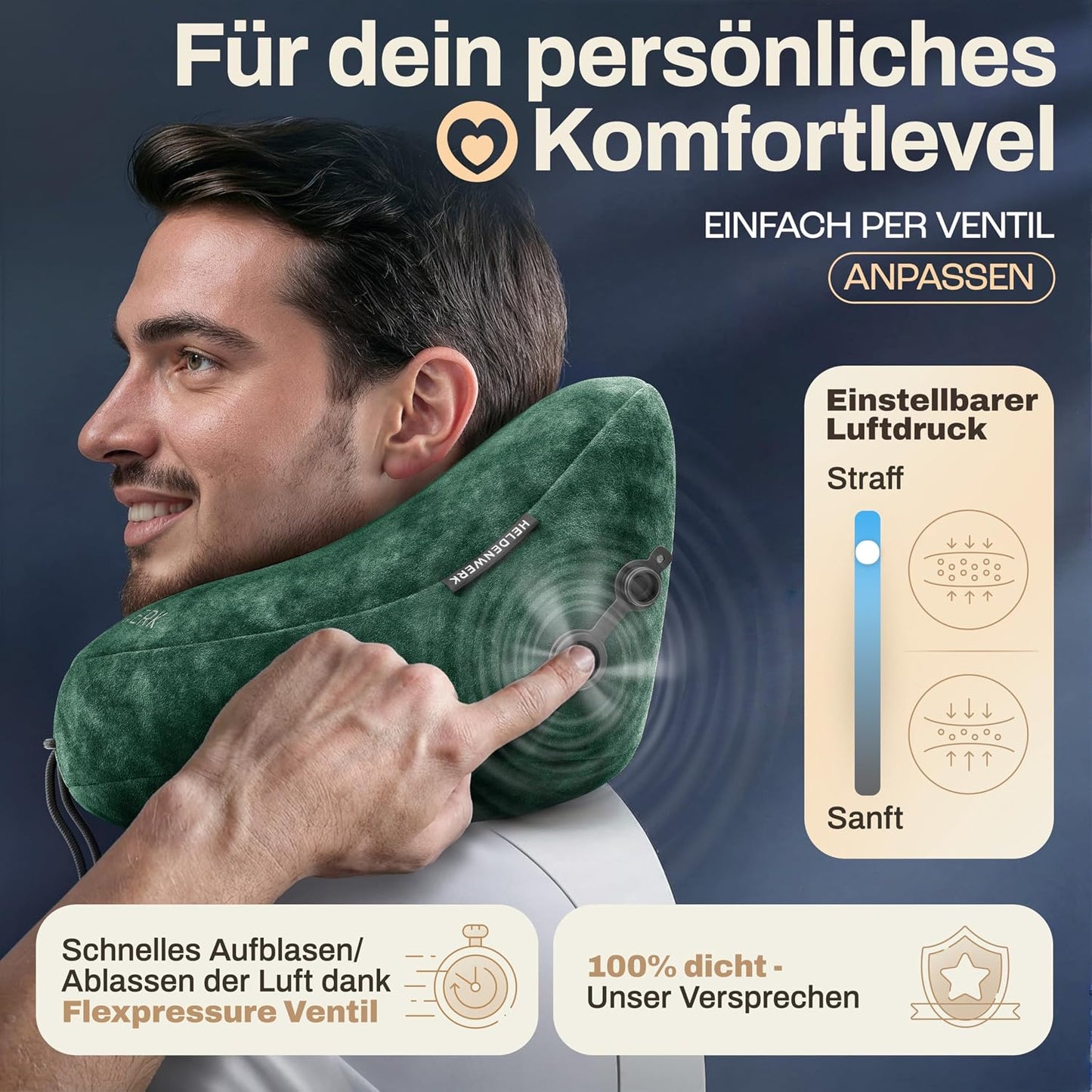 Heldenwerk® Premium Air Nekkussen – ErgoRing – Opblaasbaar – Met Capuchon & Oordopjes
