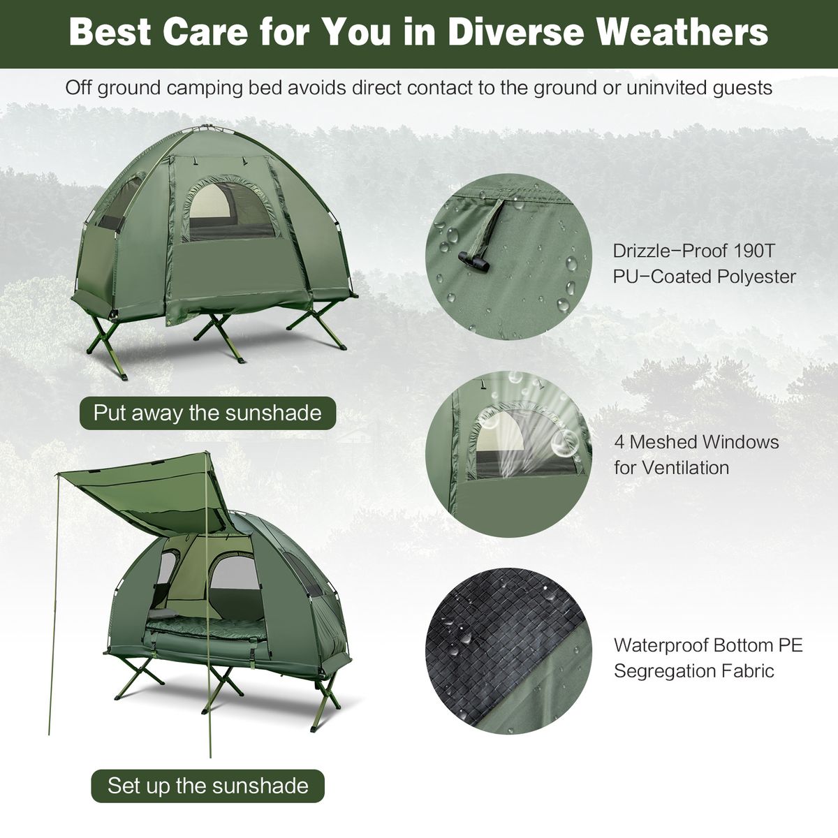 Coast Veldbed met Tent - 5-in-1 Kampeerset - Luchtmatras, Slaapzak en Kussen - Groen - 194 x 87 x 167 cm