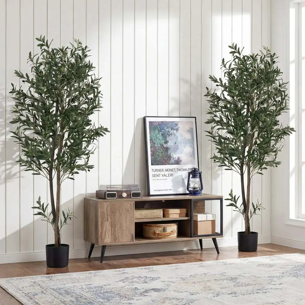 Coast Kunstmatige Olijfboom Kunstplant Set van Twee – Voorzien Van Met Cement Versterkte Pot En Buigbare Takken En Realistische Olijven – Voor Woonkamer En Kantoor – Groen En Zwart Polyester – Honderdtachtig Hoog cm