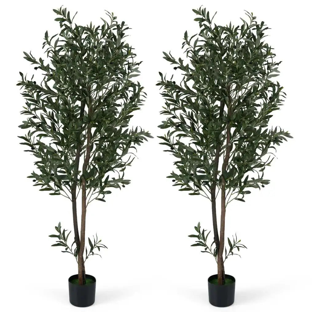Coast Kunstmatige Olijfboom Kunstplant Set van Twee – Voorzien Van Met Cement Versterkte Pot En Buigbare Takken En Realistische Olijven – Voor Woonkamer En Kantoor – Groen En Zwart Polyester – Honderdtachtig Hoog cm