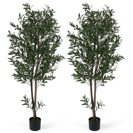 Coast Kunstmatige Olijfboom Kunstplant Set van Twee – Voorzien Van Met Cement Versterkte Pot En Buigbare Takken En Realistische Olijven – Voor Woonkamer En Kantoor – Groen En Zwart Polyester – Honderdtachtig Hoog cm