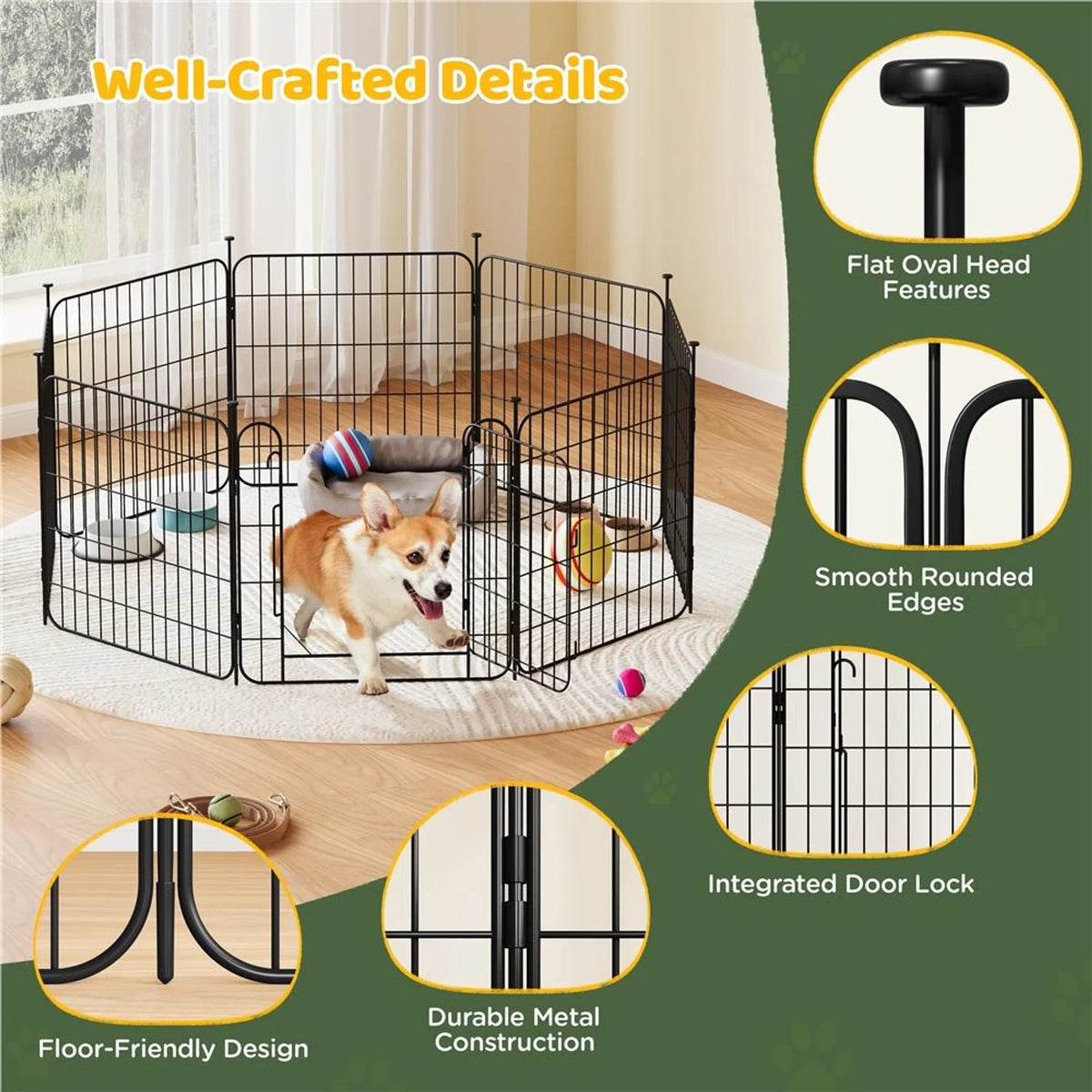 Yaheetech Veilige en Flexibele Hondenren met 8 Elementen 60 cm – Strak Zwart – Metaal