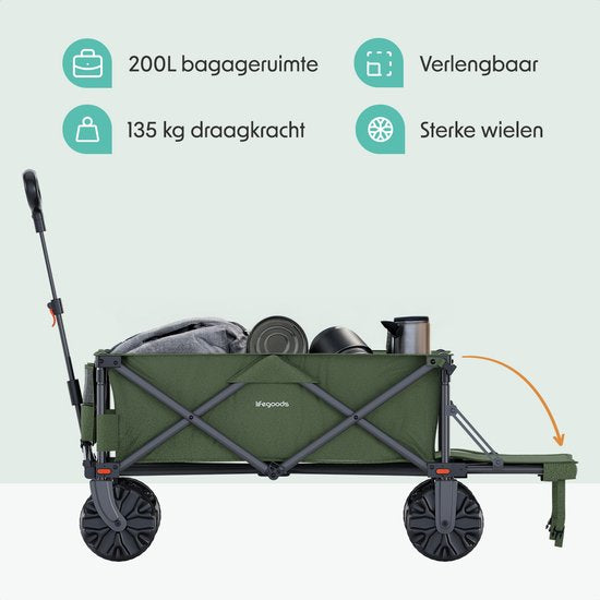 LifeGoods Bolderkar - Opvouwbare Bolderwagen - 130KG - 200L - Uitklapbaar - Met Beschermhoes - Groen