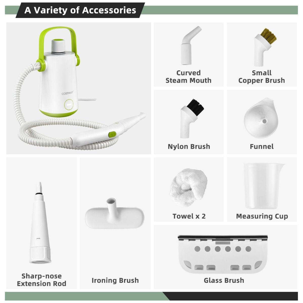 Coast Handstoomreiniger 1000W - 300ml Watercapaciteit en 10 Accessoires - Groen/Wit