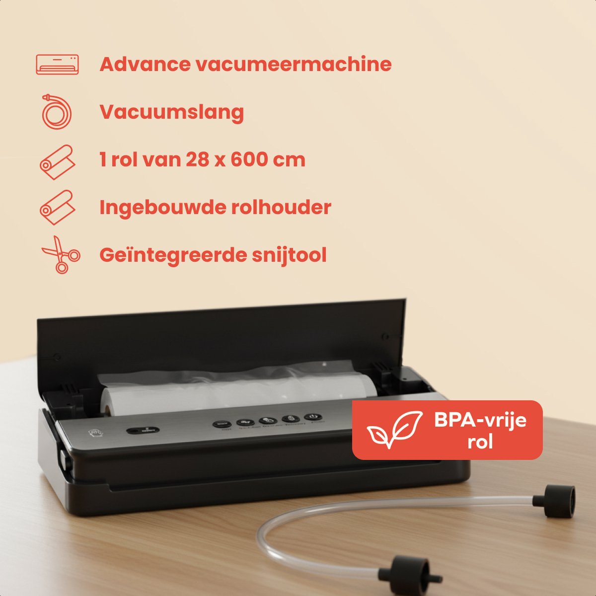 KitchenBrothers vacumeermachine advance - 8L/min - 4 standen - 28x600cm rol - zwart - compact 39x18x7,5 cm