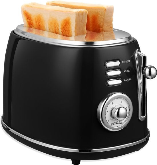 MOA Retro Broodrooster - 6 Warmteniveaus - 2 Extra Brede Sleuven - 850W - Reheat en Ontdooi-functie - Zwart - T3B