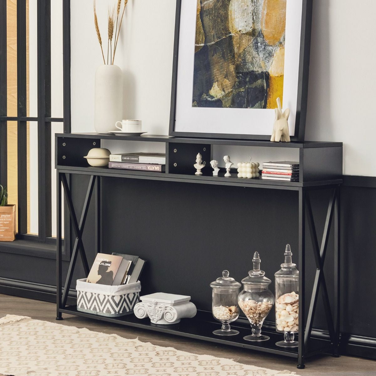 Coast Console Tafel - 2 Opbergvakken 1 Open Plank - 120 x 23 x 79 cm - Zwart - Staal+Hout