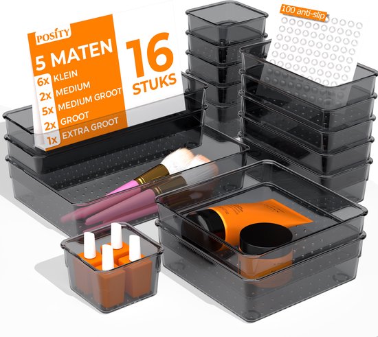 Posity Lade Organizer - 16 Stuks - Organizer Bakjes - Lade Bakjes - Opbergbakjes - Make-up Organizer - Voor Keuken, Badkamer & Bureau - Kunststof - Zwart Transparant