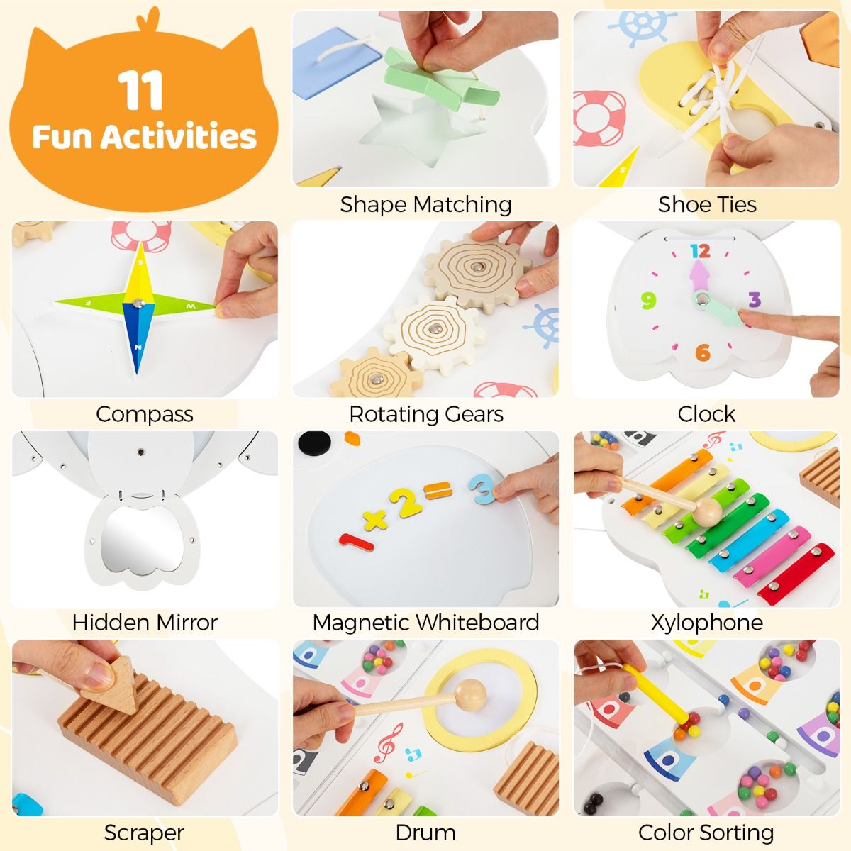 Coast Wandactiviteitenbord Uil - 11-in-1 educatief activiteitenbord - Montessori speelgoed - wit