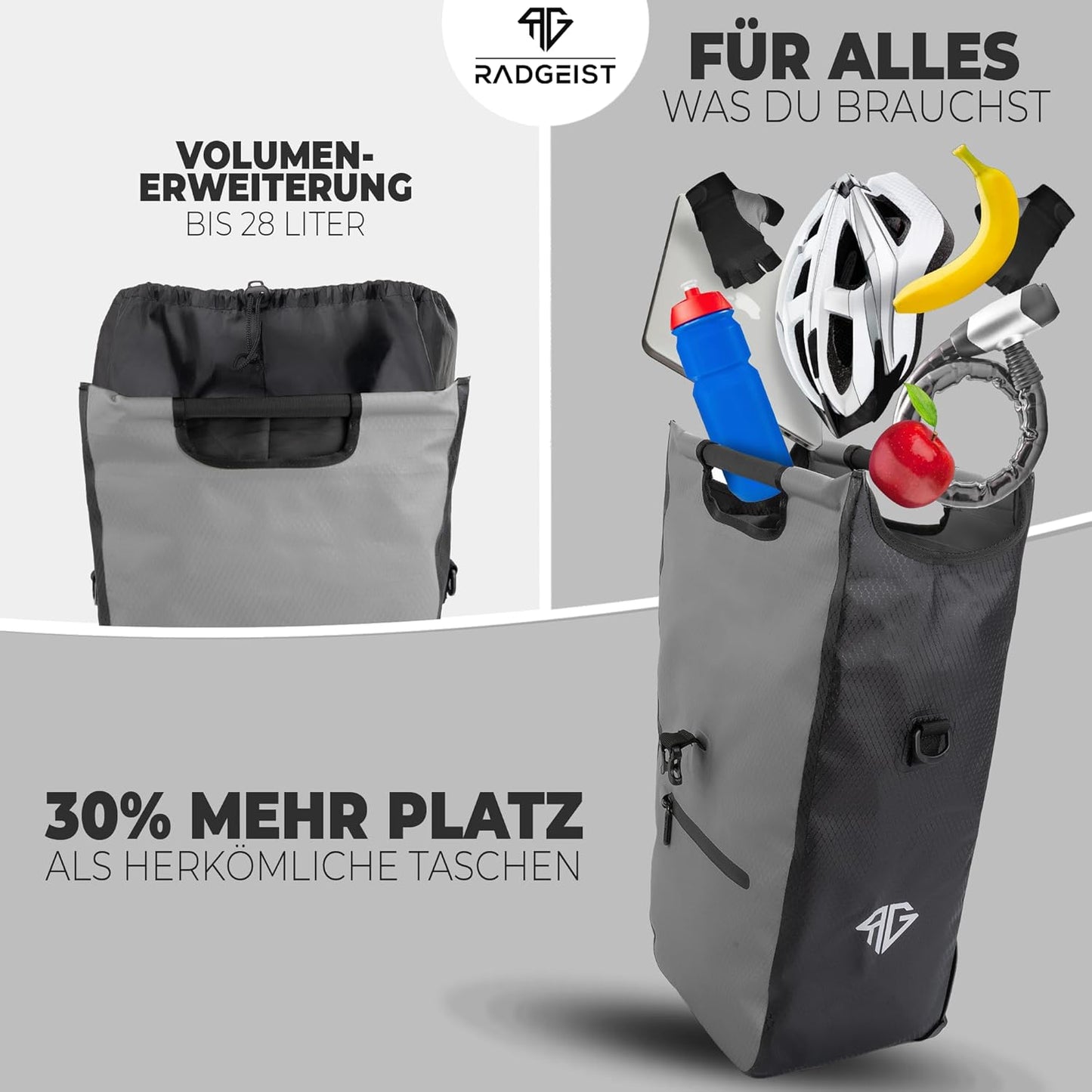 RADGEIST fietstas voor bagagedrager I fietstas shopper I fiets boodschappentas & draagtas 22-28 liter