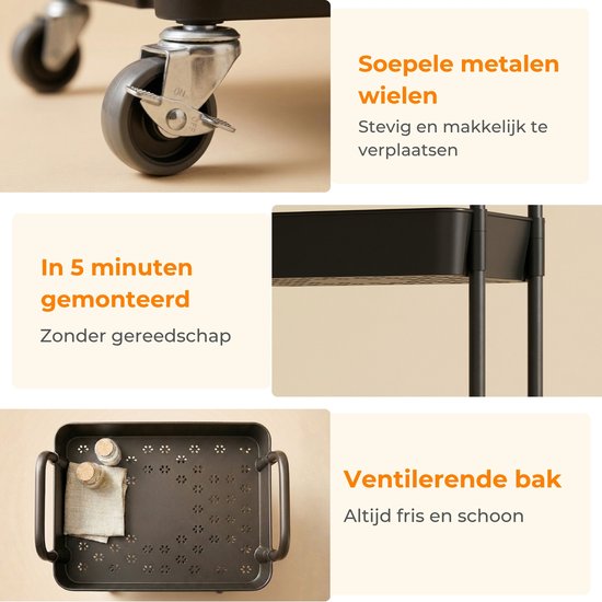 Posity Keukentrolley op wieltjes – Serveerwagen / Opbergtrolley / Keukenrek / Trolley Keuken – Verrijdbaar en Vast – 3 Lagen – Kunststof – Zwart