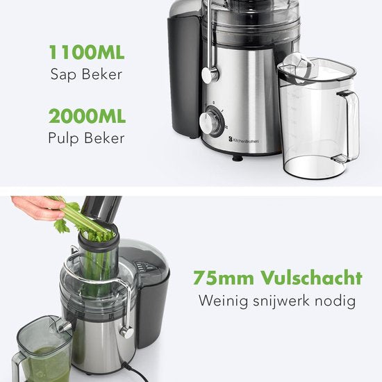 KitchenBrothers Sapcentrifuge – Incl. Pulpcontainer & Sapkan – 800 W – 41 x 20 x 31 cm – Zilver