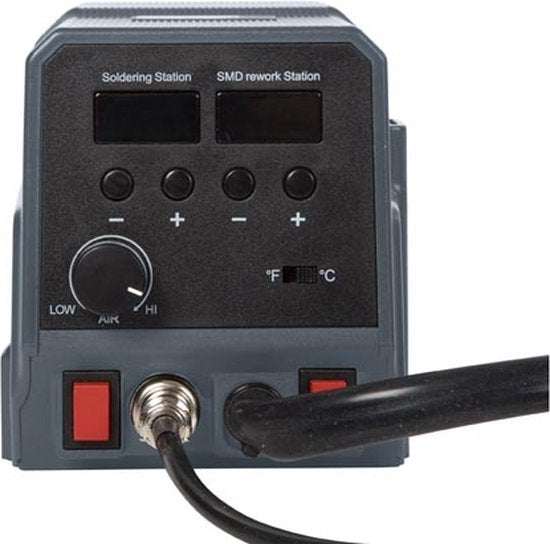 Velleman Soldeerstation, 2-in-1, voor SMD-componenten, multifunctioneel, 60 W + 300 W, temperatuurbereik 50-480 °C + 100-500 °C, grijs