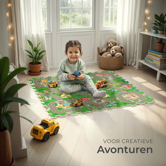 tectake® - Speelkleed - Speelmat foam - Speeltapijt baby - Stad en Wegen - 90 x 90 cm - 9-delige Puzzelmat - Antislip - Geluidsdempend en vochtwerend