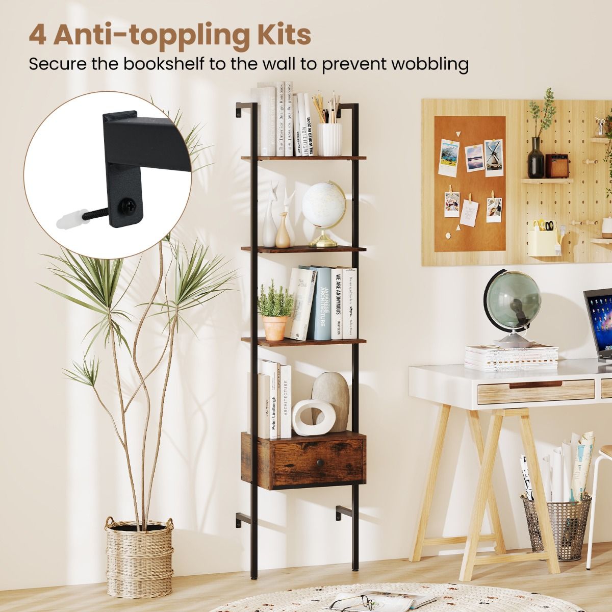 Coast Ladderboekenkast met lade - 5 lagen - metalen frame - rustiek bruin en zwart