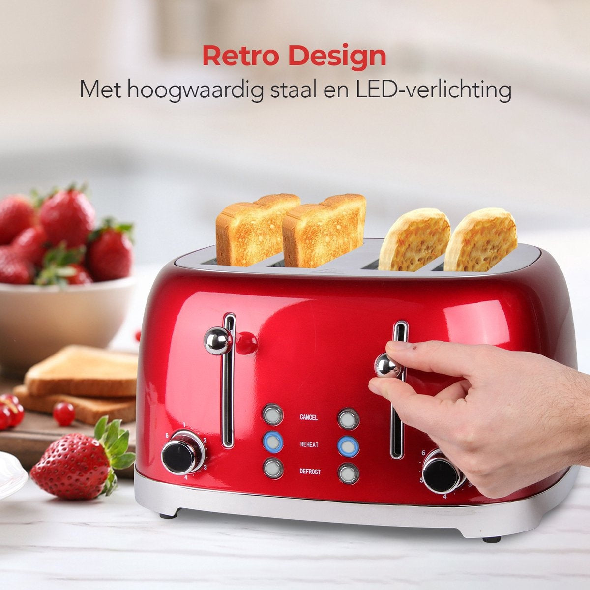 KitchenBrothers Retro Broodrooster - 6 Warmteniveaus - 4 Extra Brede Sleuven - 1630W - Reheat en Ontdooi-functie - Rood