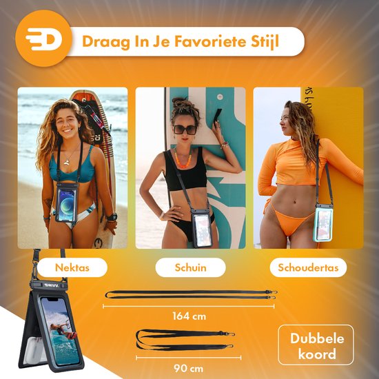 Drivv. Waterdicht Telefoonhoesje 2 in 1 met Koord - Universeel tot 6.7 inch – Onderwater hoesje telefoon - Zwart