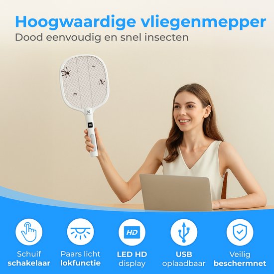 Nuvance Elektrische Vliegenmepper - Usb Oplaadbaar - Muggenlamp - met Display - Muggenstekker - Vliegenvanger - Vliegenlamp - Wit