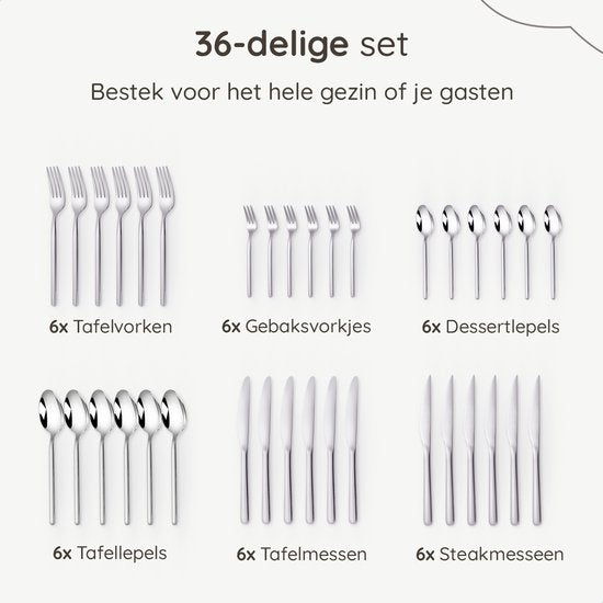 Deleca 6 Persoons Luxe RVS Bestekset Amor (36-delig) - Lepels, Messen, Vorken, Steakmessen & Gebaksvorkjes - Vaatwasserbestendig - Zilver Design Bestek - 18/0 Edelstaal