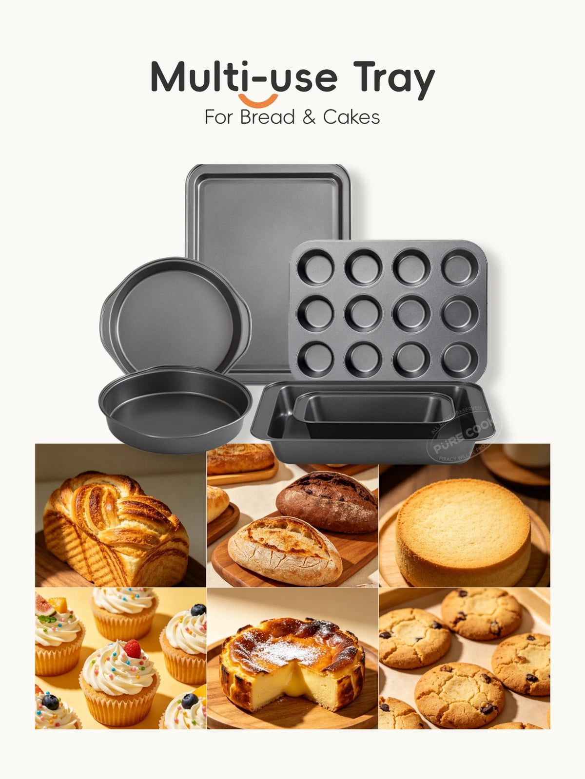 PURE COOK Bakgereiset 8-Delig - Grijs - Antiaanbak Koolstofstaal - Cakevormen, Broodvorm, Muffinvorm, Bakplaat