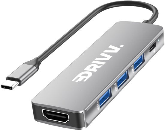 Premium USB C Hub 5 in 1 - HDMI 4K 30Hz - PD 100W - USB 3.0 - USB 20 - USB Splitter - Adapter - Space Grey