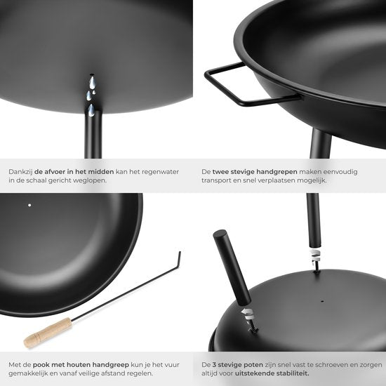tectake® Vuurkorf Diablo - Hittebestendig Staal - Vuurschaal met Vuurpook - Ø 57,5 cm - Tuinhaard - Sfeerhaard voor Buiten - Met Handgrepen en Waterafvoer - Voor Brandhout en Houtskool