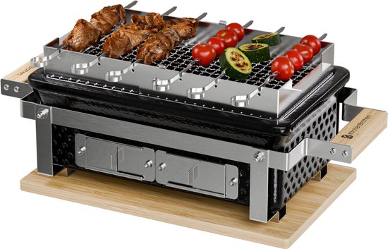 KitchenBrothers Kamado Hibachi Grill - PFAS Vrij - Met Grillrek en Stokjes - Houtskool Barbecue - Shichirin Tafelgrill - Rechthoekige BBQ - Keramische Barbecue - Zwart