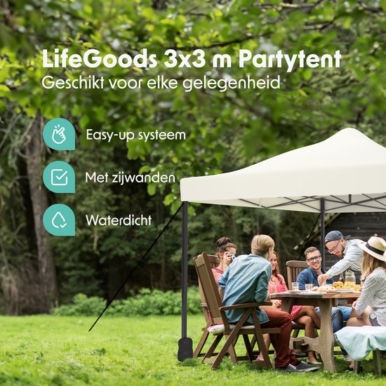 LifeGoods Partytent - Paviljoen - Easy Up - Opvouwbaar - Met Zijwanden - Waterdicht - Met Draagtas - 292 x 292 cm – Beige