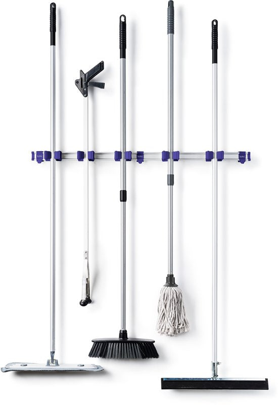 Toolflex Bezemhouder en Tuingereedschap Ophangsysteem - Geschikt voor Ø15-35 mm Gereedschappen - Aluminium rail - 94cm - Incl. 5 gereedschapshouders en montagemateriaal - Paars