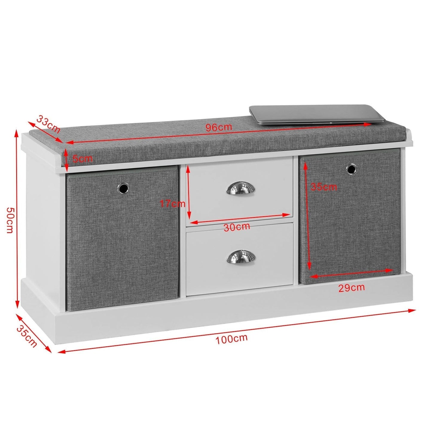 SoBuy Schoenenbank met zitkussen - 4 Lades - 108 x 20 x 41 cm - Grijs/ Antraciet