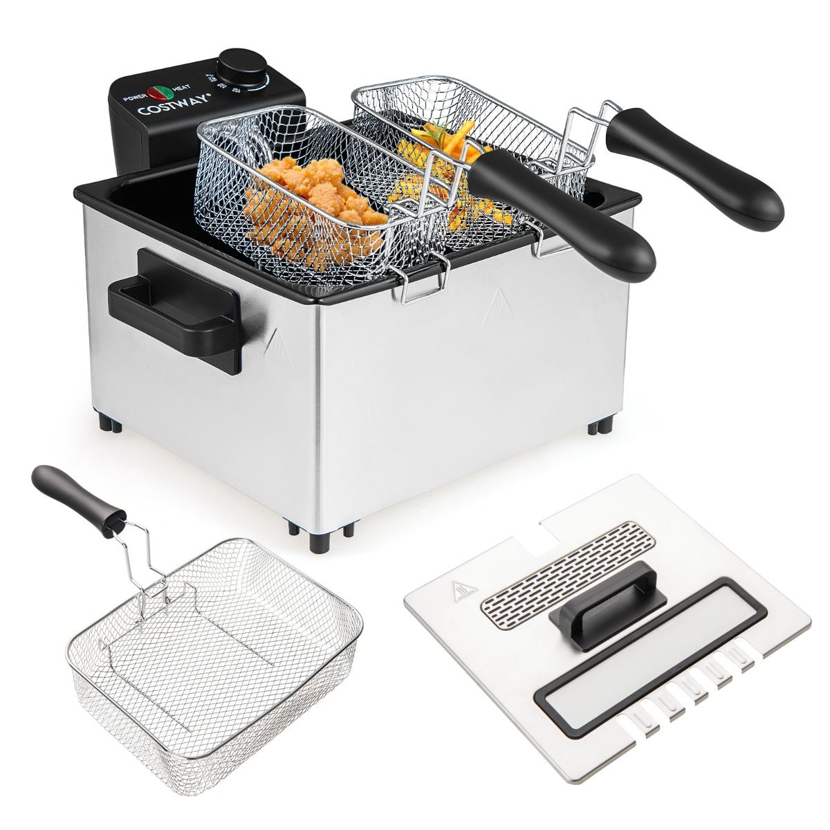 Coast Elektrische Friteuse - 5 liter - 3 frituurmanden - instelbare temperatuur - zilver en zwart