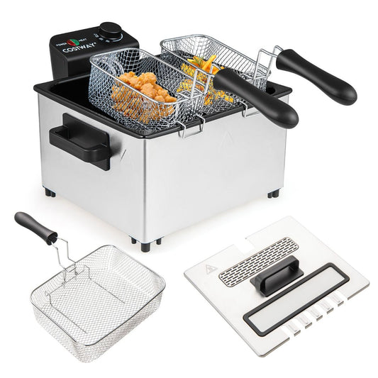 Coast Elektrische Friteuse - 5 liter - 3 frituurmanden - instelbare temperatuur - zilver en zwart