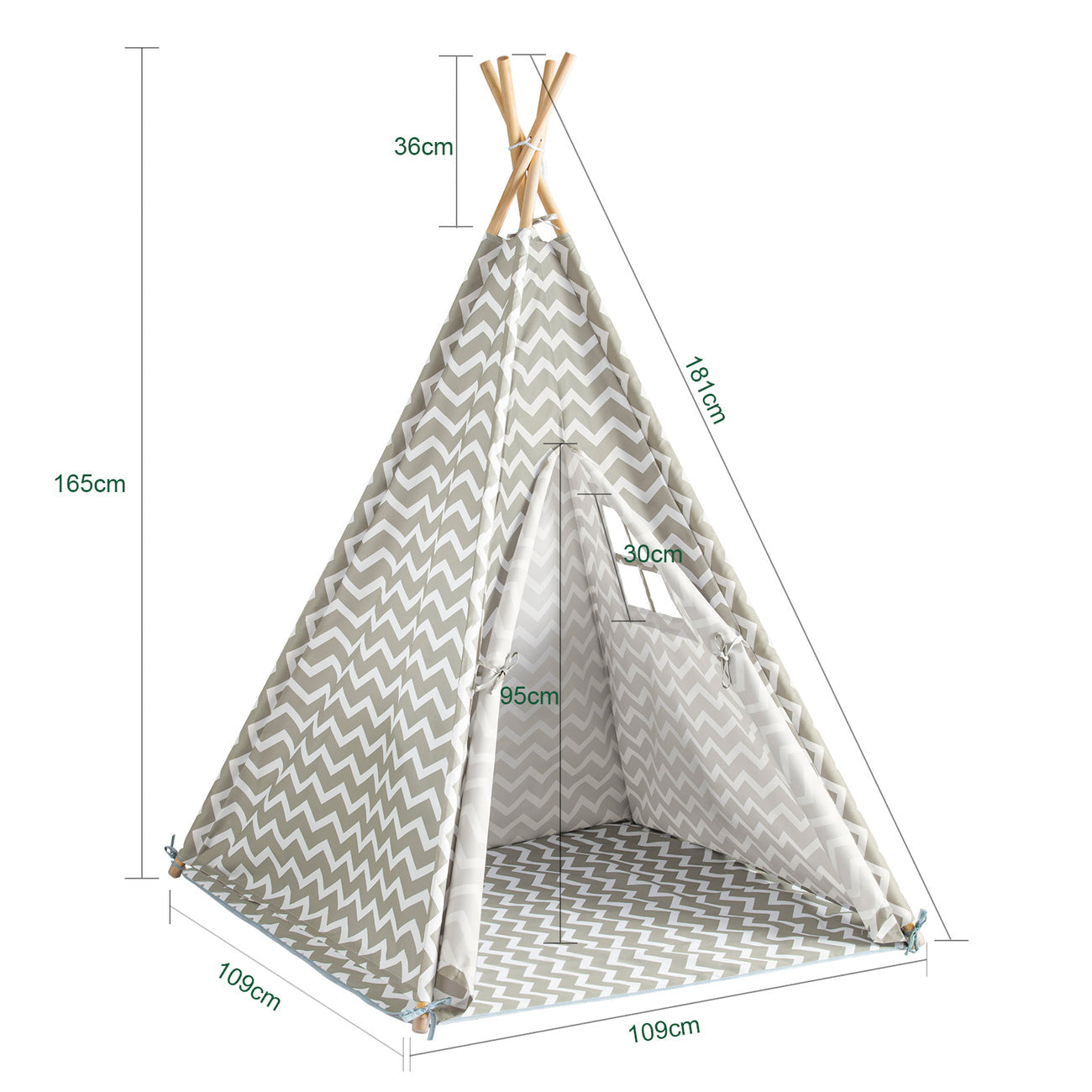 SoBuy OSS03 Tipi Tent Voor Kinderen 112 x 112 x 158 cm - Wit/ Grijs