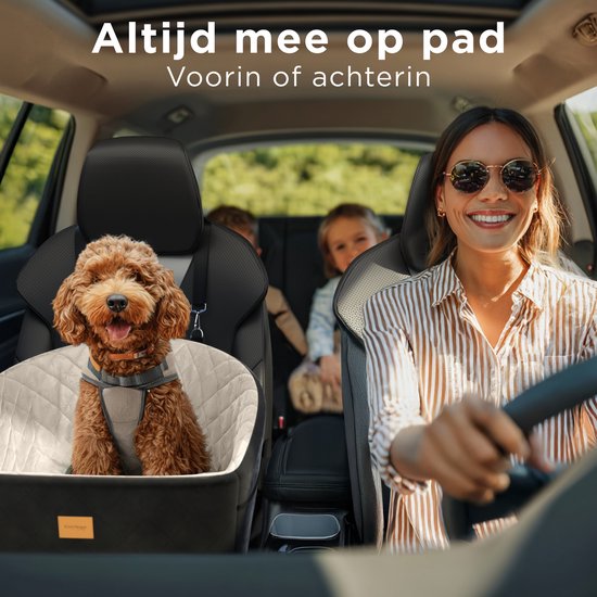 CozySense® Honden Autostoel - Veilige Hondenmand Auto voor Kleine Hond - Voorbank & Achterbank - Met Veiligheidsriem, Opbergvak & Wasbare Hoes - Zwart/Beige
